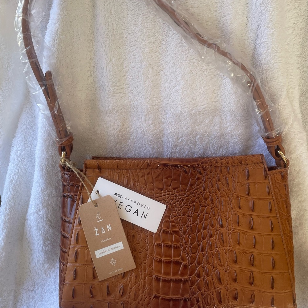 Vegan Leather Crocodile Pattern Bag - Brown